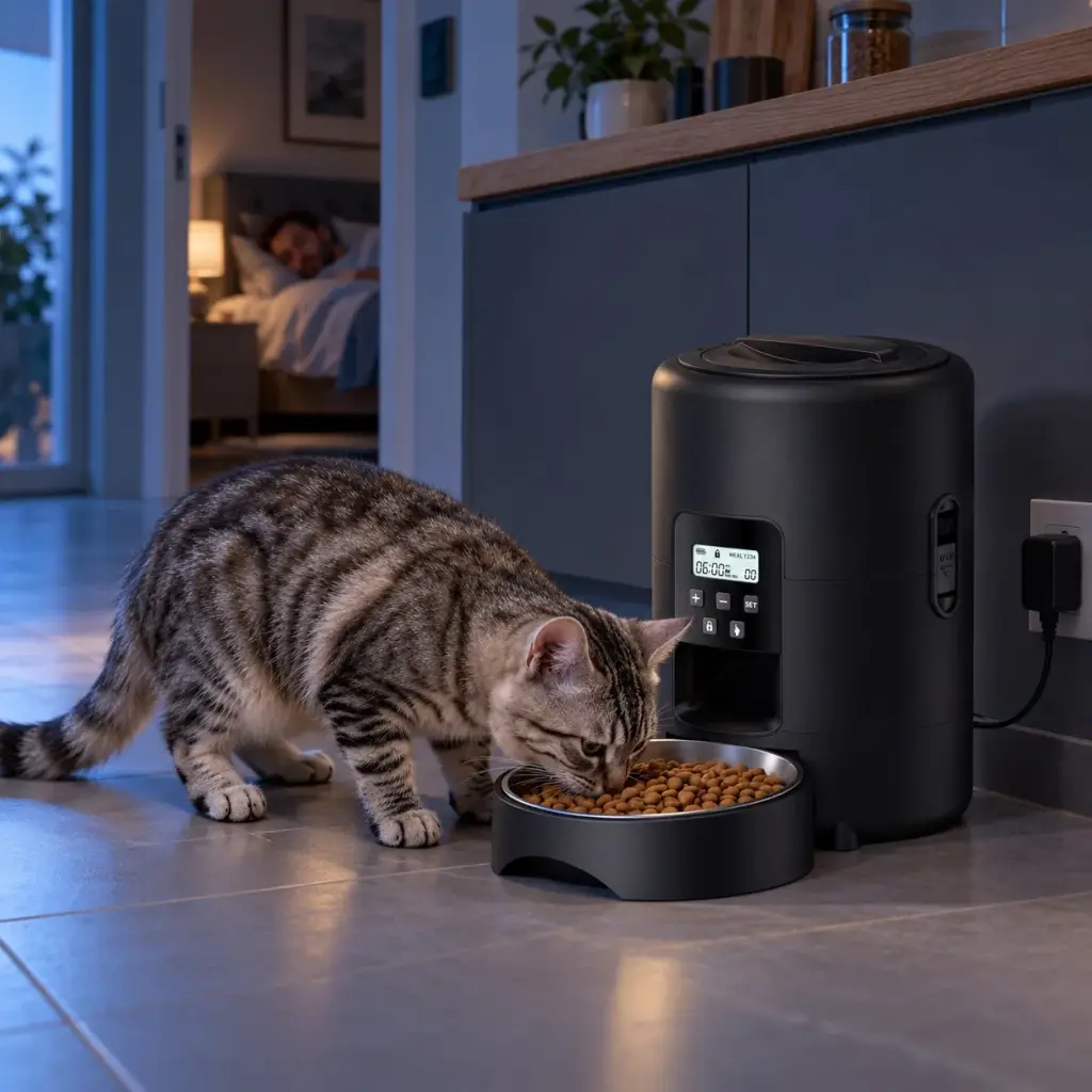 Morgens um sechs frisst die Katze, während ihr Besitzer noch schläft