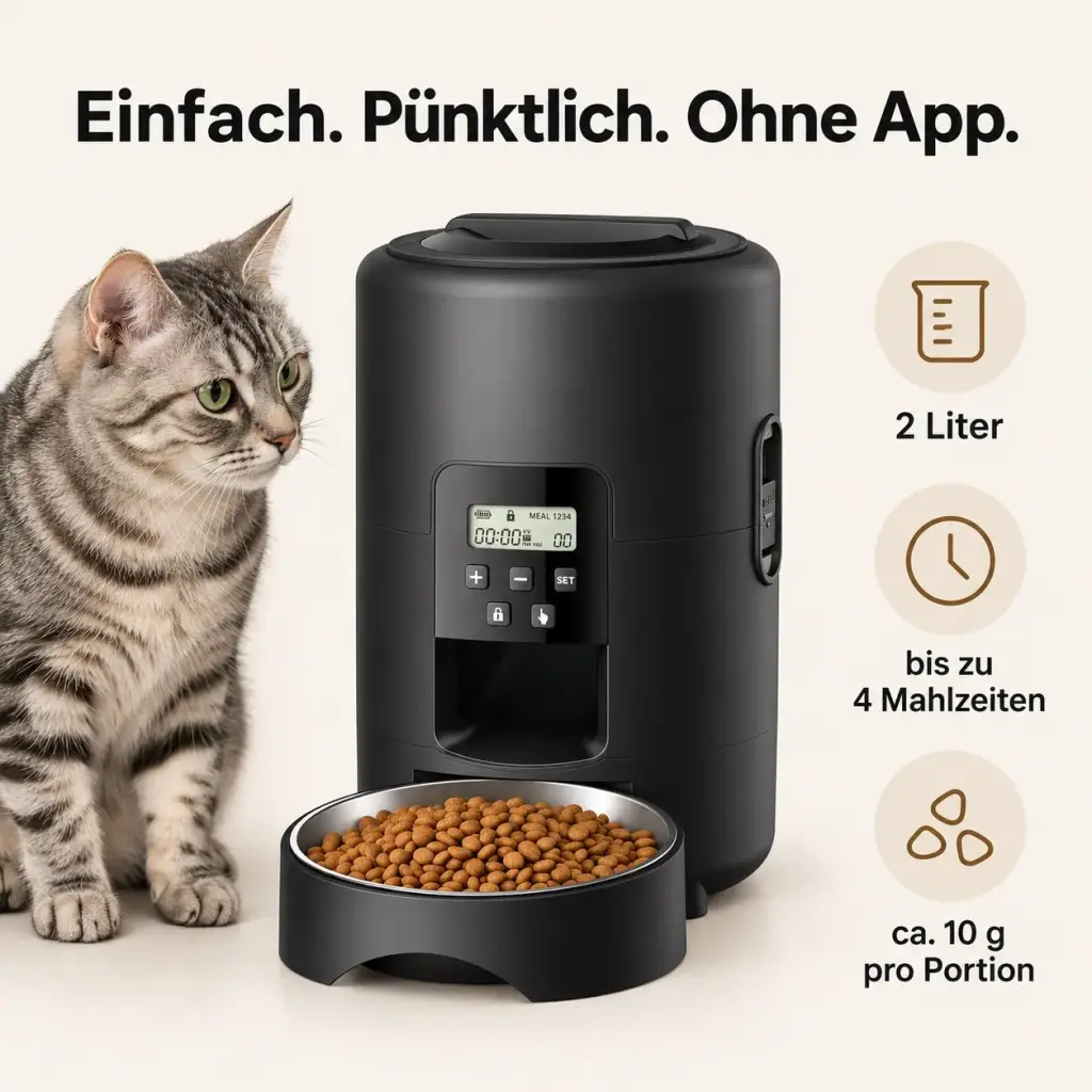 Futterautomat mit 2 Litern, bis zu 4 Mahlzeiten und 1–40 Portionen als Infografik