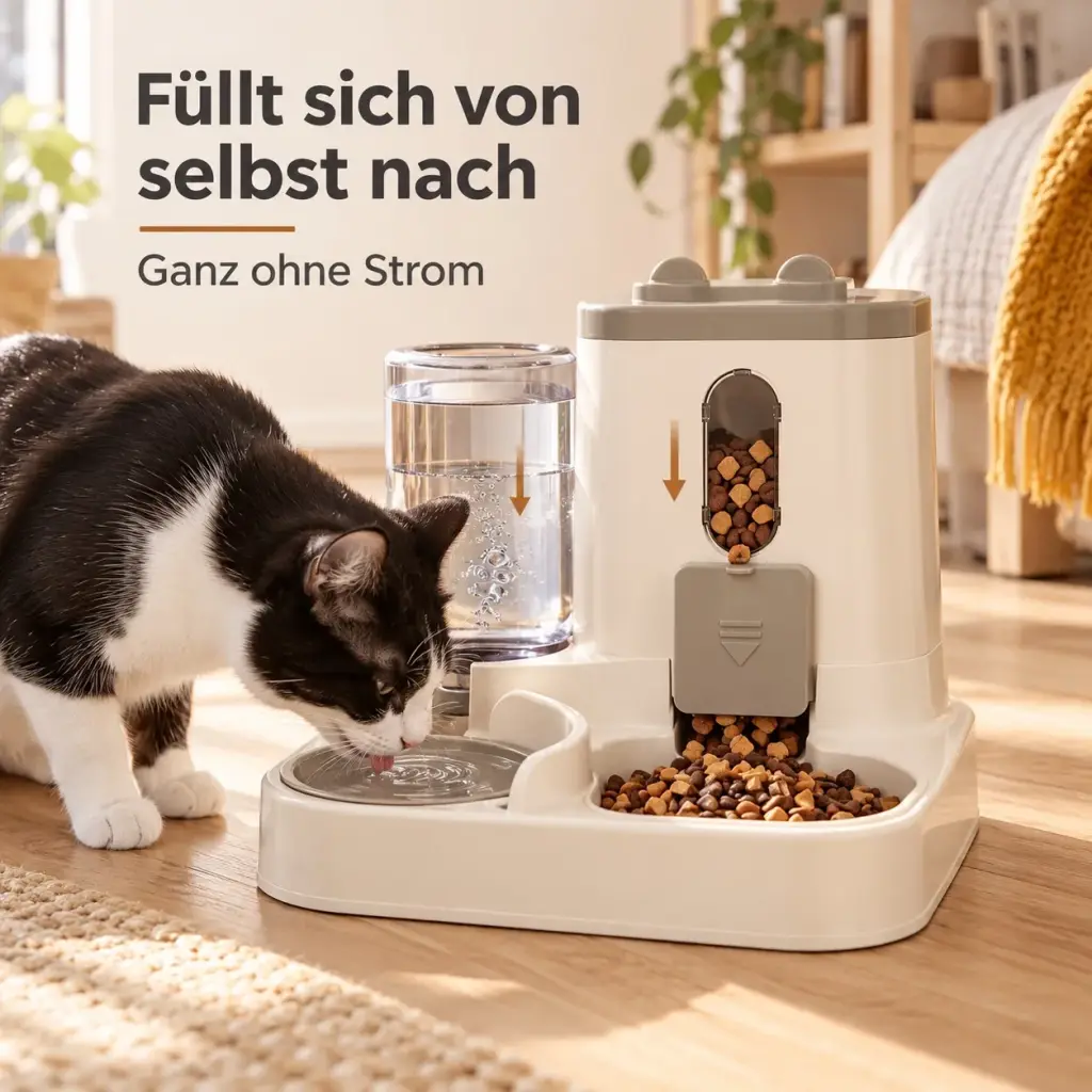 Futter und Wasser füllen sich in der Station durch Schwerkraft nach