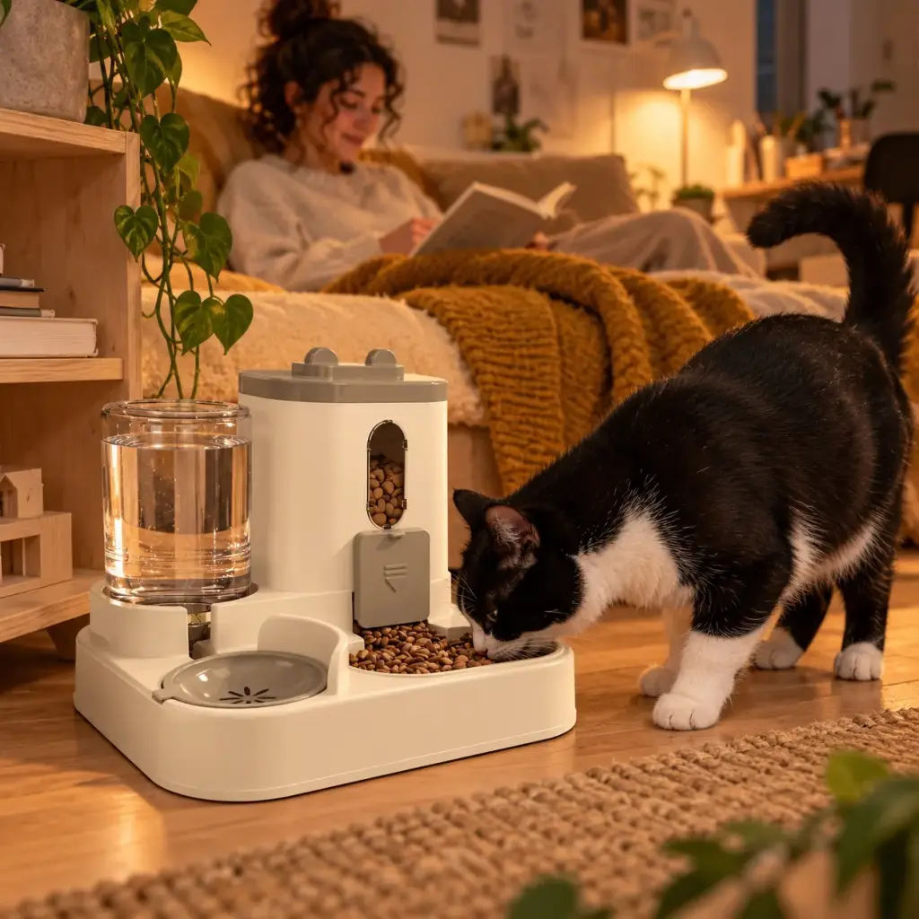 Junge Frau liest am Abend, ihre Katze frisst ruhig an der Futterstation