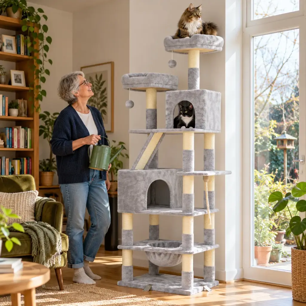 Norwegische Waldkatze auf dem obersten Platz des großen Kratzbaums, ihre Besitzerin schaut lächelnd hinauf