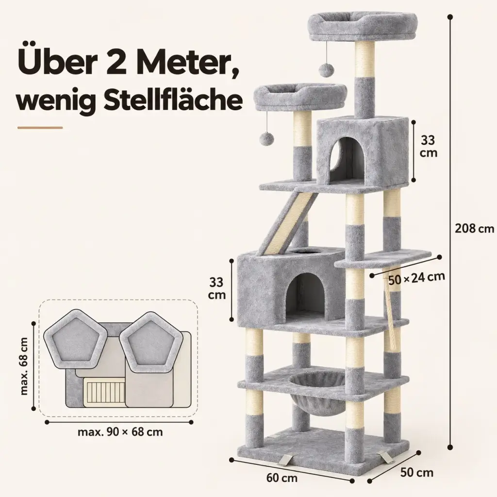 Maße des großen Kratzbaums: 208 cm Höhe, Sockel 60 × 50 cm, Stellfläche 90 × 68 cm
