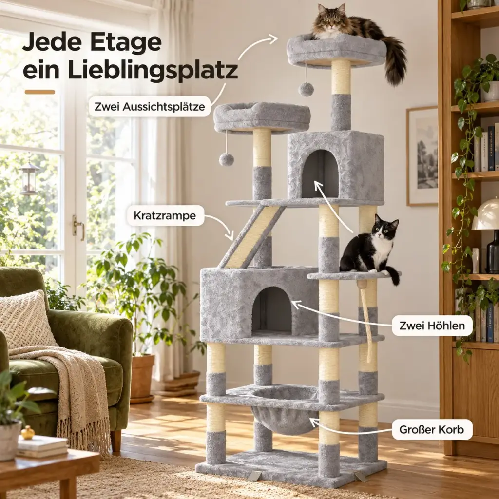 Details des großen Kratzbaums: Aussichtsplätze, Kratzrampe, Höhlen, Korb und Spielseil