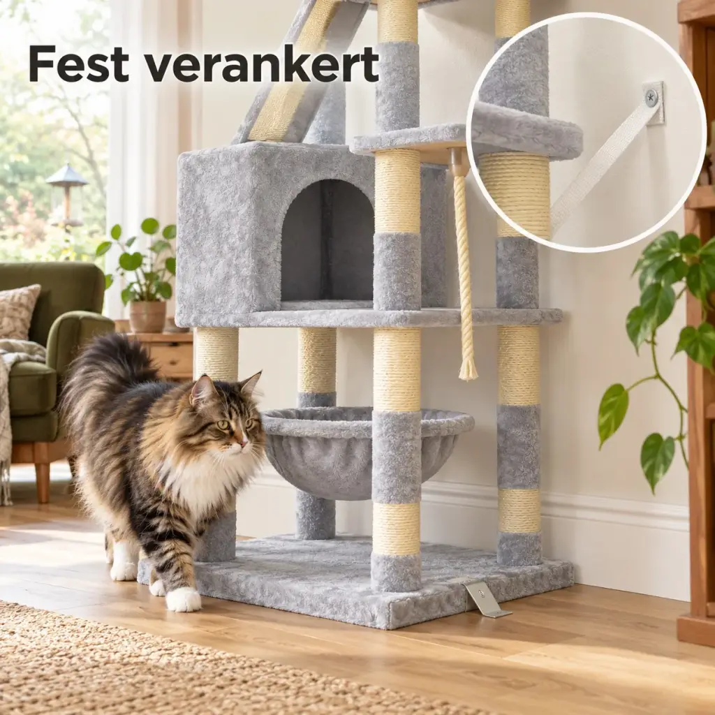 Verstärkter Sockel des Kratzbaums mit Metallwinkeln und Kippschutz an der Wand