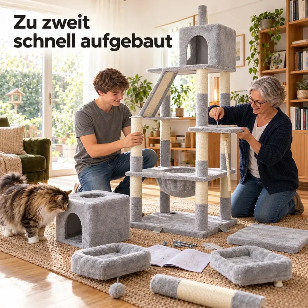 Frau und Sohn montieren den großen Kratzbaum gemeinsam im Wohnzimmer