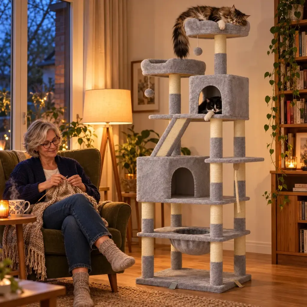 Zwei Katzen schlafen abends auf dem großen Kratzbaum, ihre Besitzerin strickt daneben