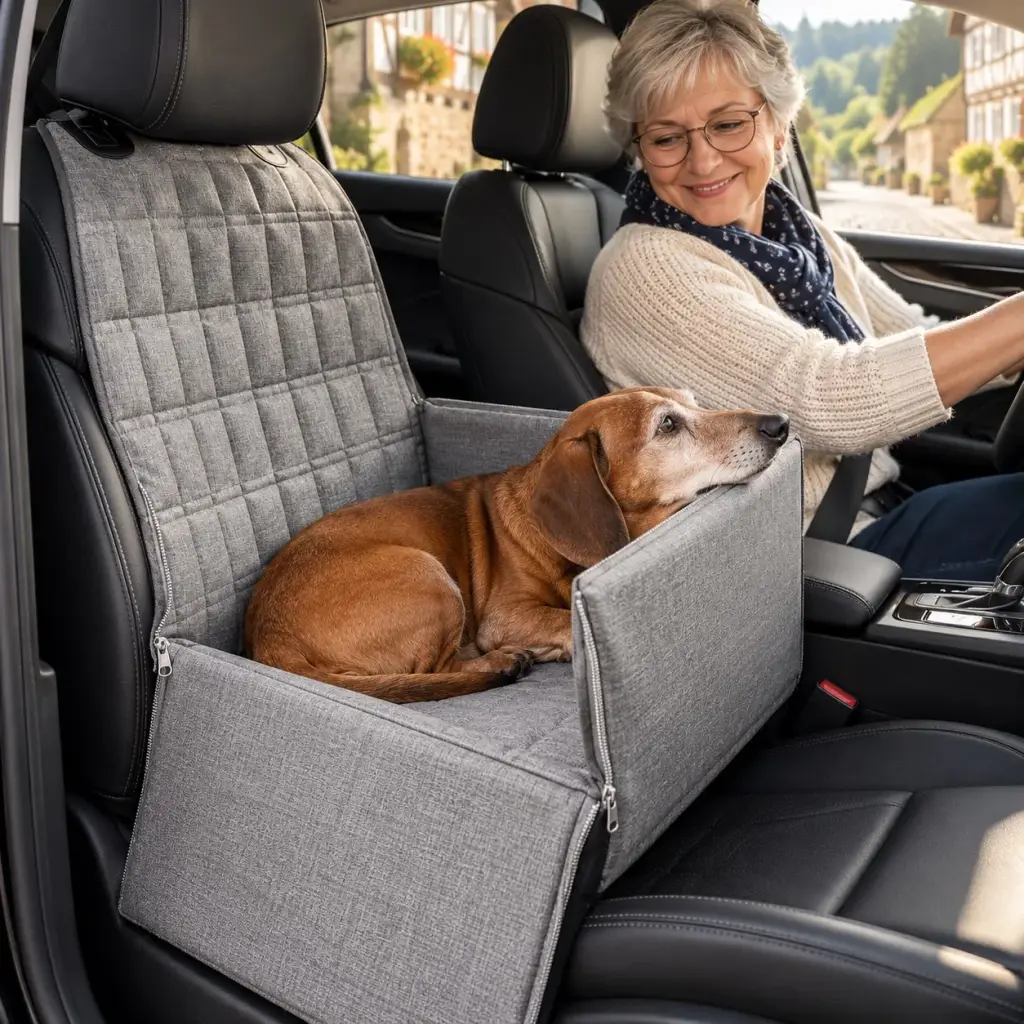 Älterer Dackel liegt im grauen Hunde Autositz auf dem Beifahrersitz neben seiner Besitzerin
