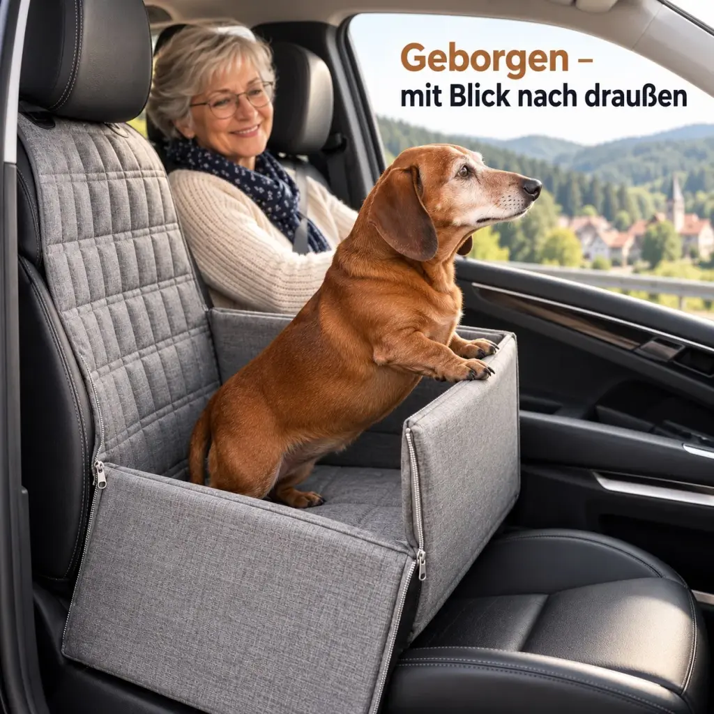 Hund schaut über den Rand der Sitzwanne aus dem Autofenster