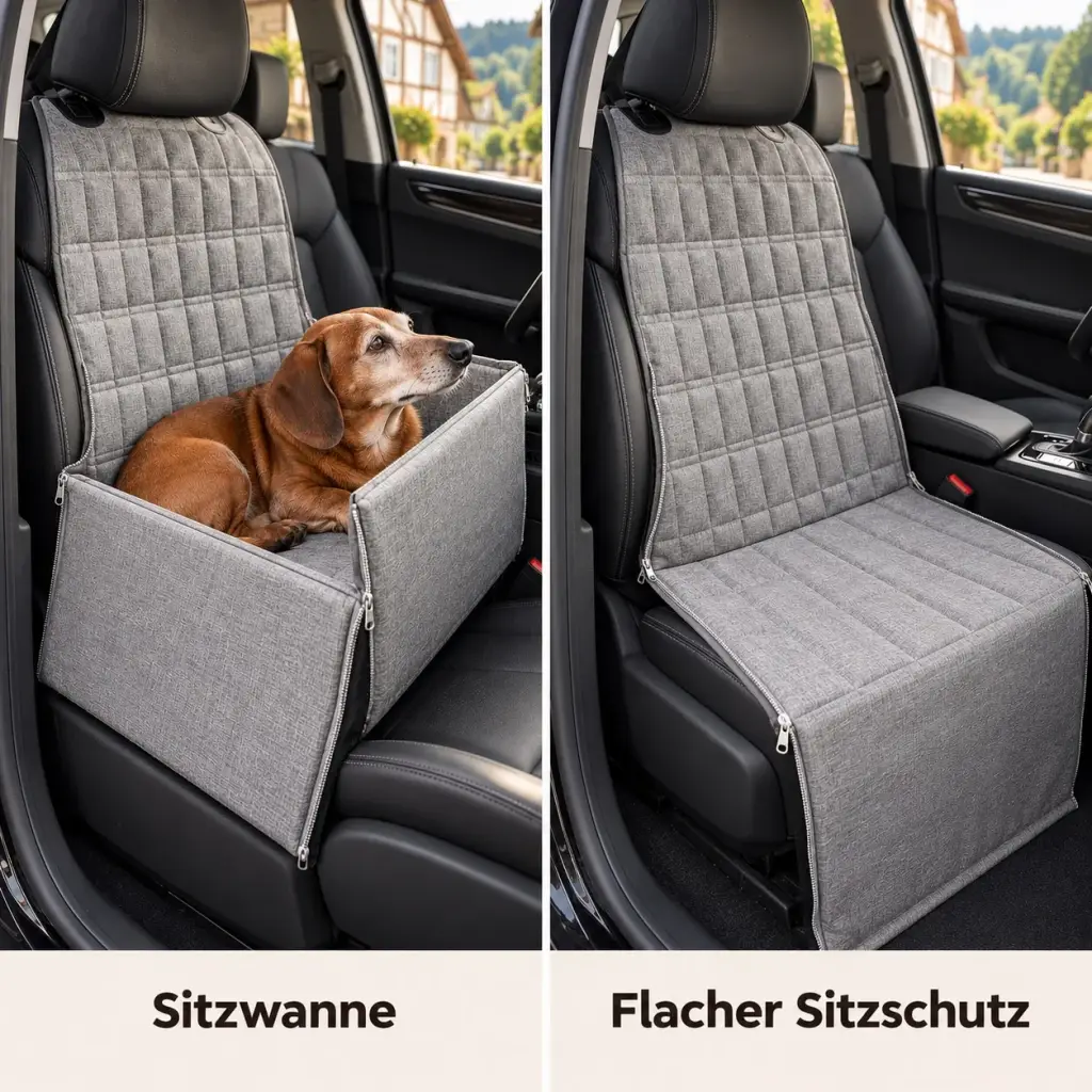 Hunde Autositz einmal mit aufgestellten Seitenwänden und einmal flach als Sitzschutz