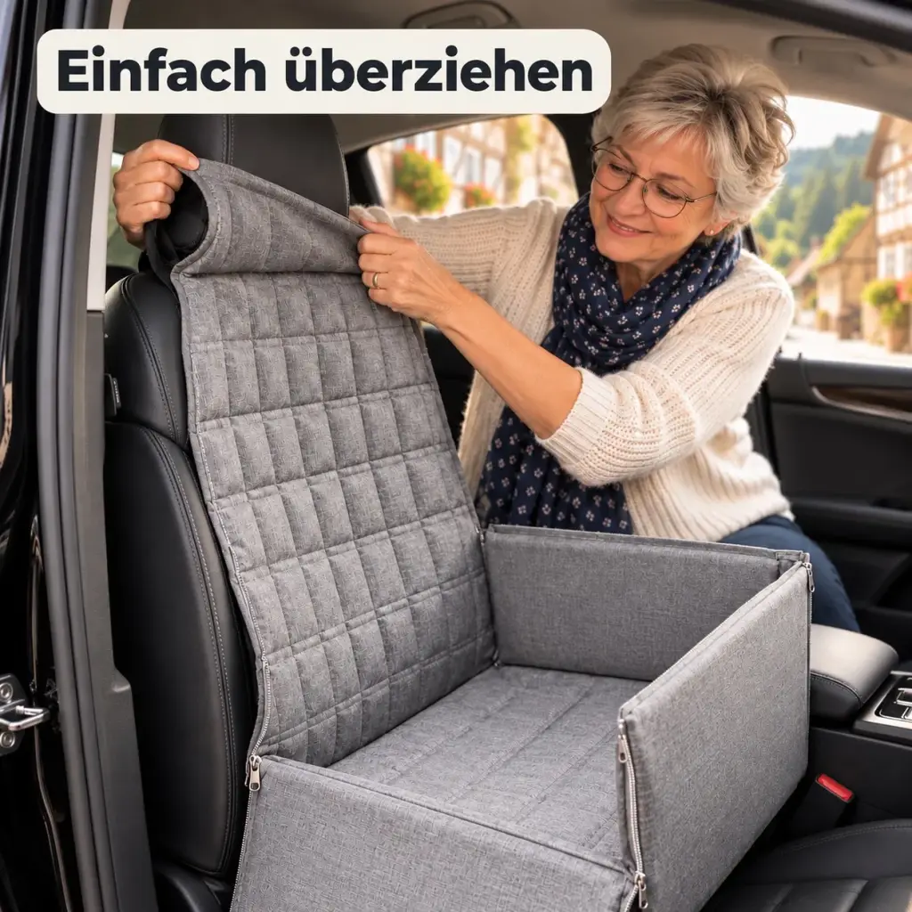 Hände ziehen den Lehnenbezug über die Kopfstütze des Beifahrersitzes