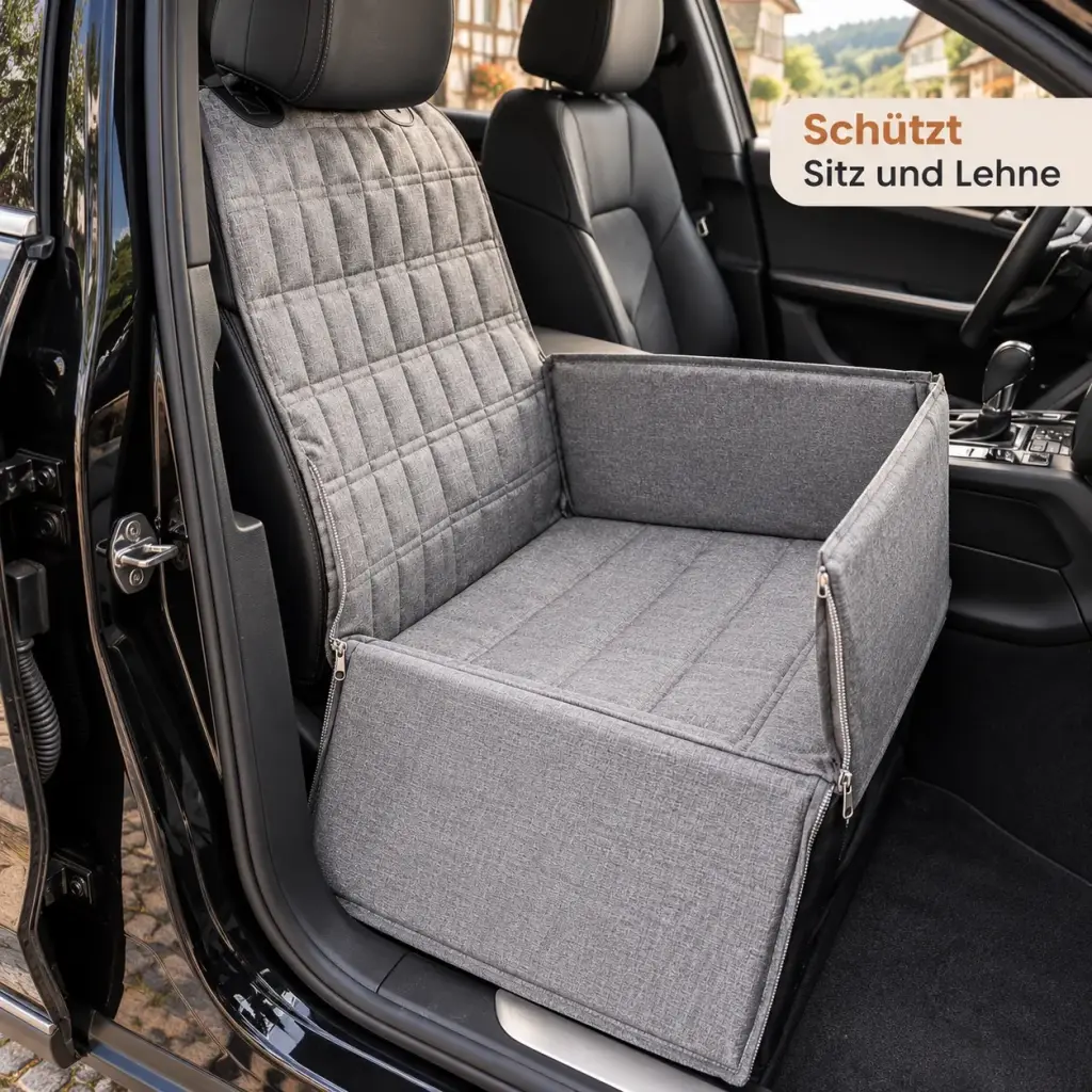 Hunde Autositz auf dem Beifahrersitz, Ansicht durch die geöffnete Tür