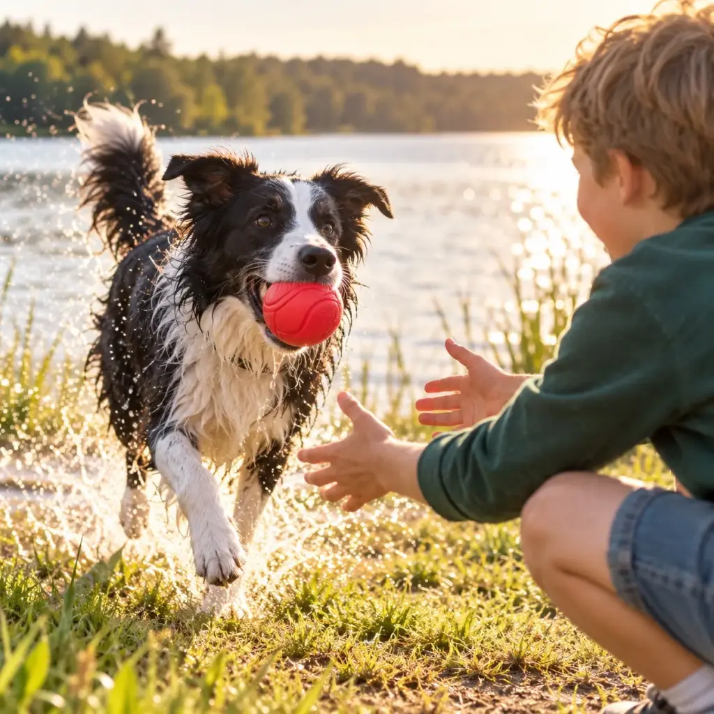 Border Collie bringt den roten Hundeball einem Jungen am Seeufer zurück
