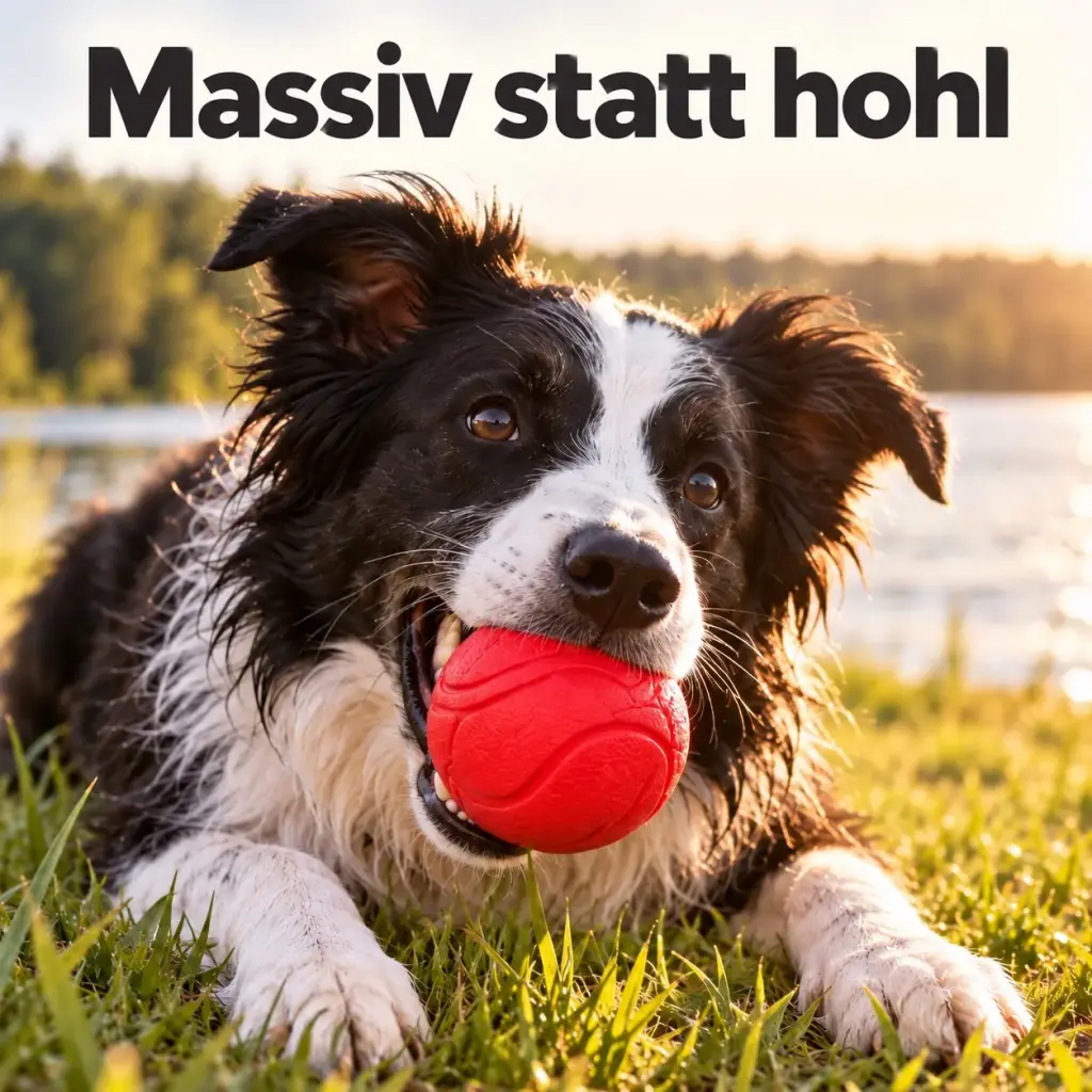 Border Collie hält den roten Vollgummi-Ball fest im Maul