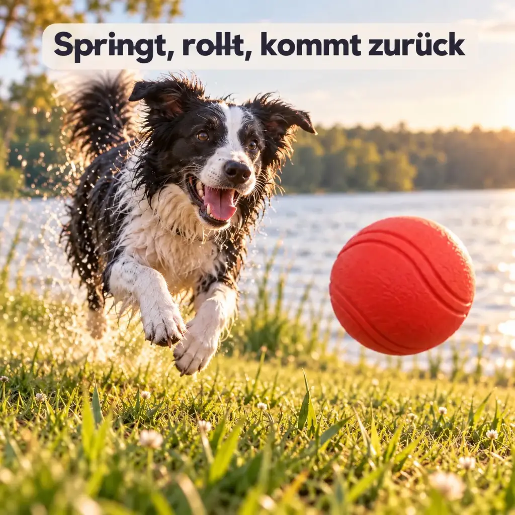 Roter Hundeball springt über eine Wiese, der Hund im Sprung dahinter