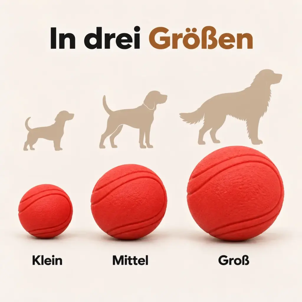 Drei rote Hundebälle in drei Größen nebeneinander