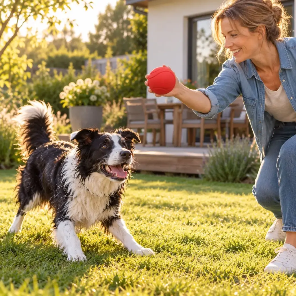 Mutter wirft dem Hund den Ball im Garten eines Einfamilienhauses