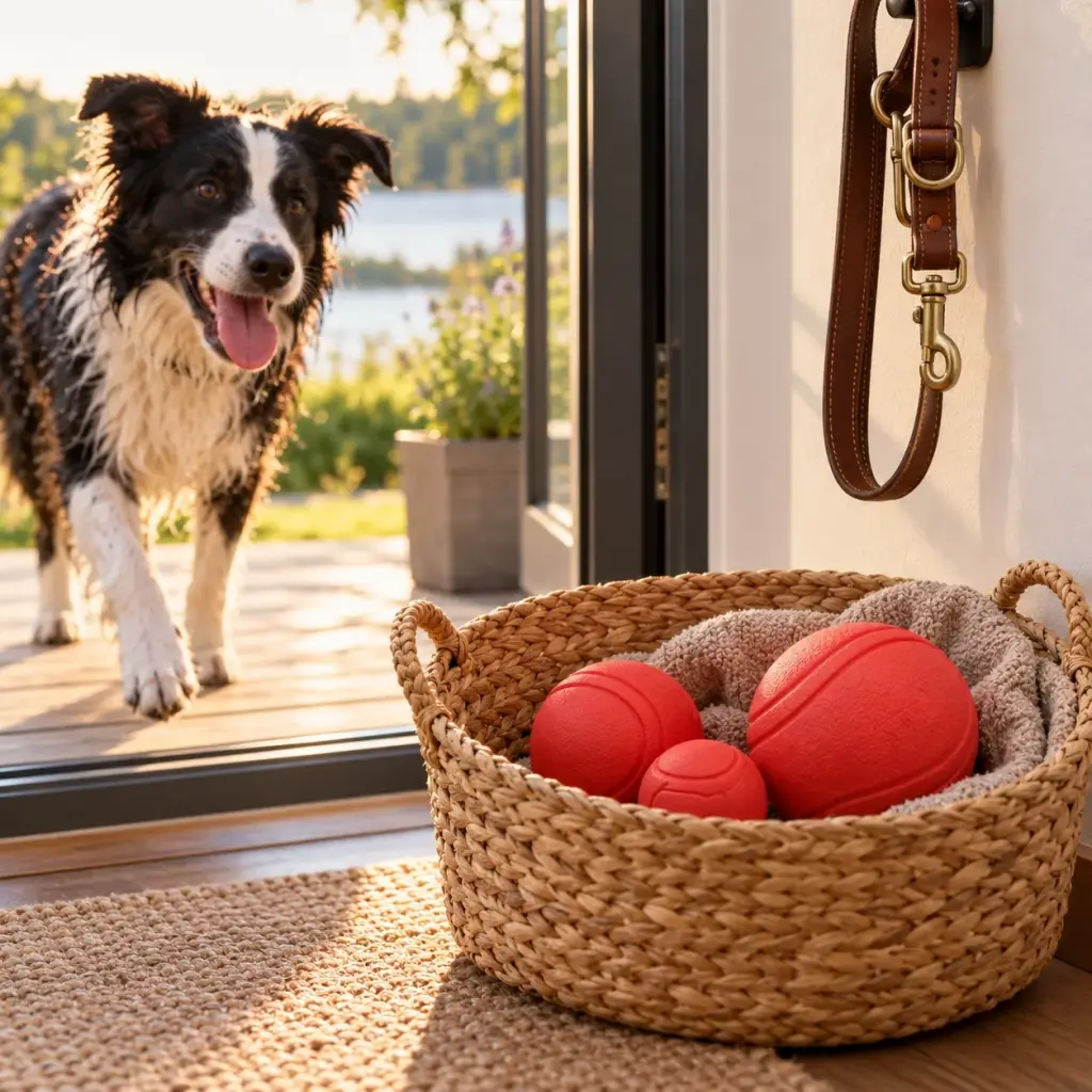 Roter Hundeball in einem Korb aus Seegras neben der Terrassentür