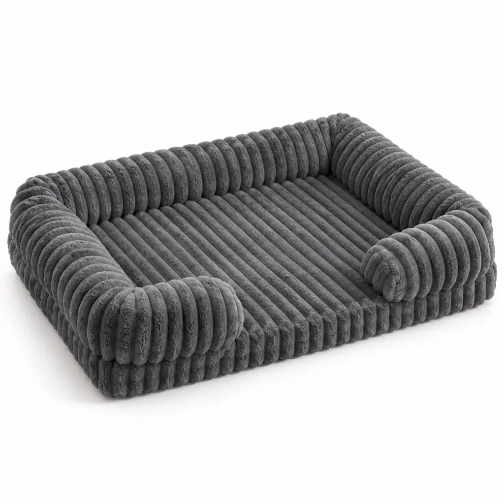 Hundebett in Cord-Optik in Grau mit Polsterrand und runden Armlehnen