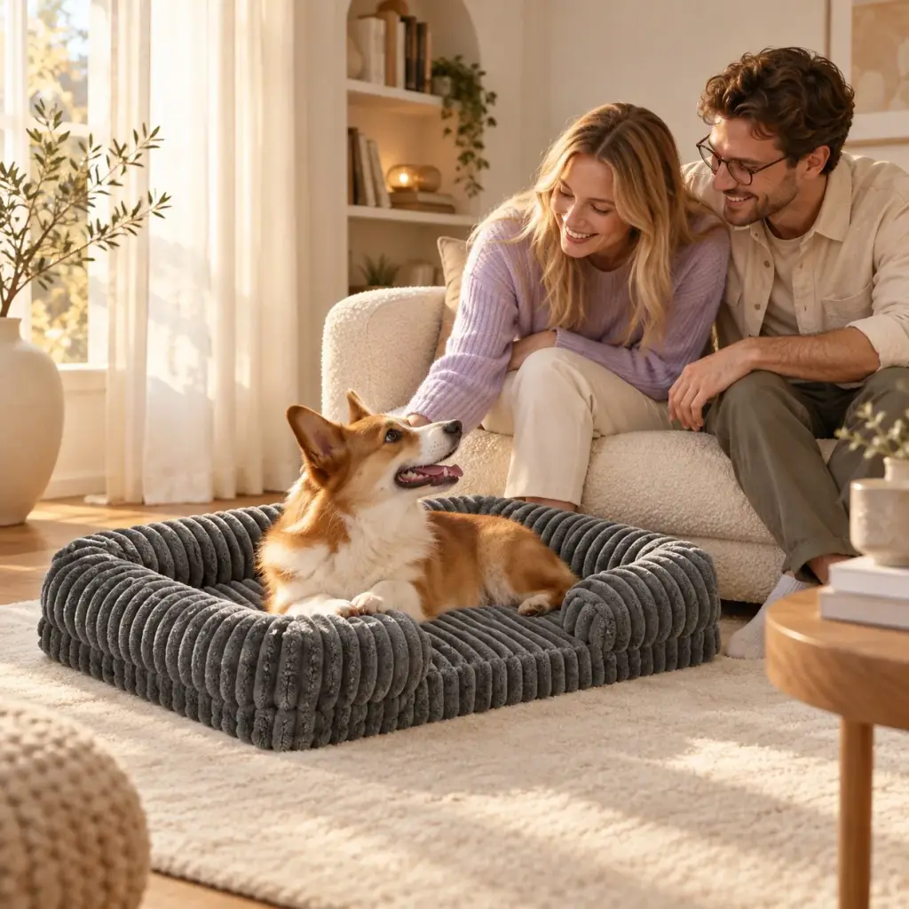 Corgi liegt im grauen Cord-Hundebett neben dem Sofa in einer Potsdamer Wohnung