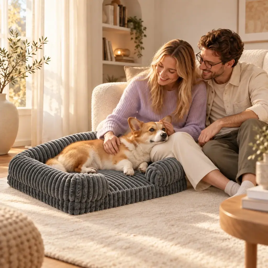 Junges Paar sitzt auf dem Boden neben ihrem Corgi im Hundebett