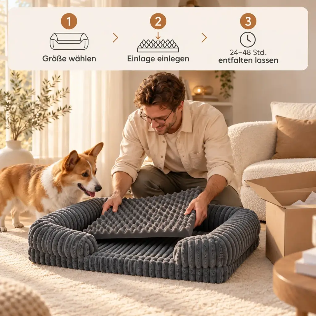 Schaumstoffeinlage wird in das Hundebett gelegt