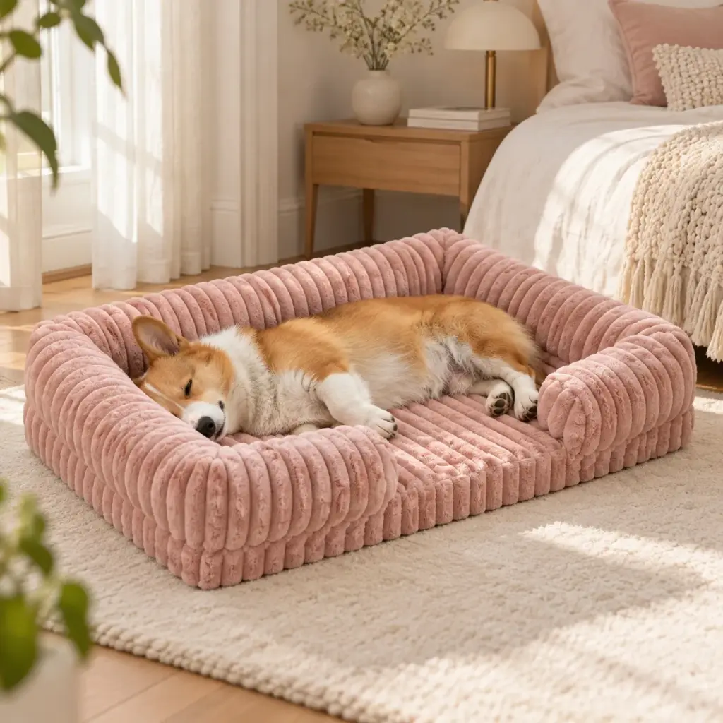 Corgi macht Mittagsschlaf im rosa Cord-Hundebett