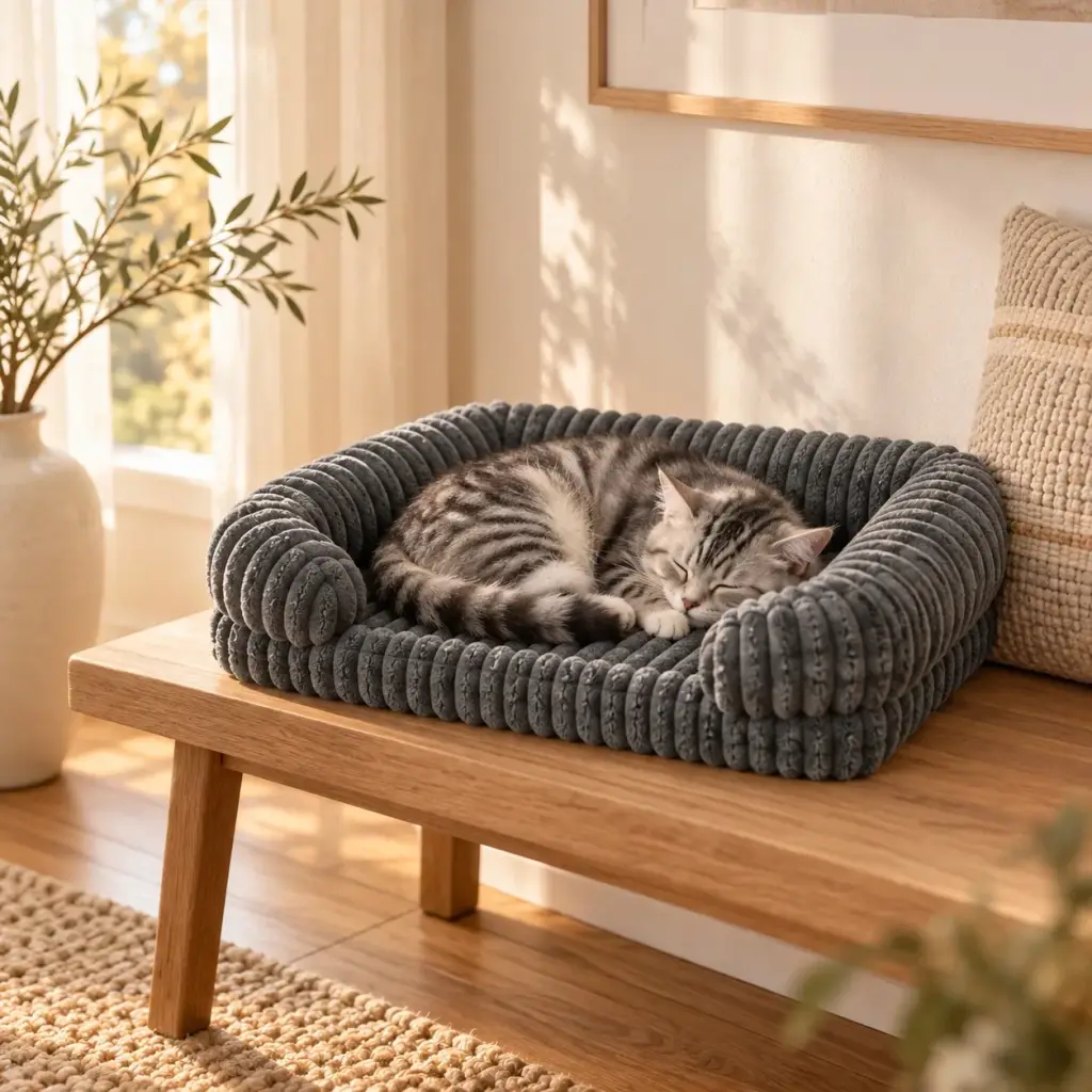 Katze im kleinen grauen Cord-Hundebett