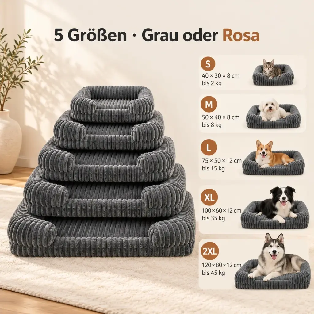 Größentabelle des Cord-Hundebetts S bis 2XL