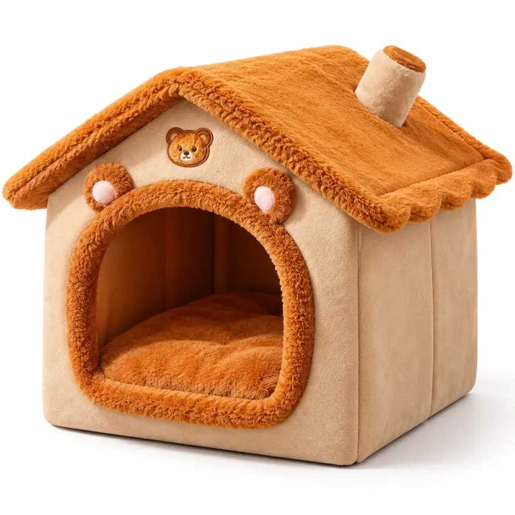 Karamellfarbenes Hundehaus mit Plüschdach, Schornstein und Bärenöhrchen auf weißem Hintergrund