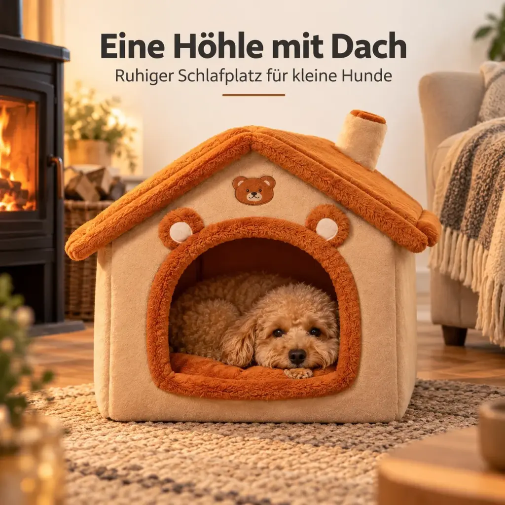 Kleiner Hund liegt eingekuschelt in der Hundehöhle mit Dach