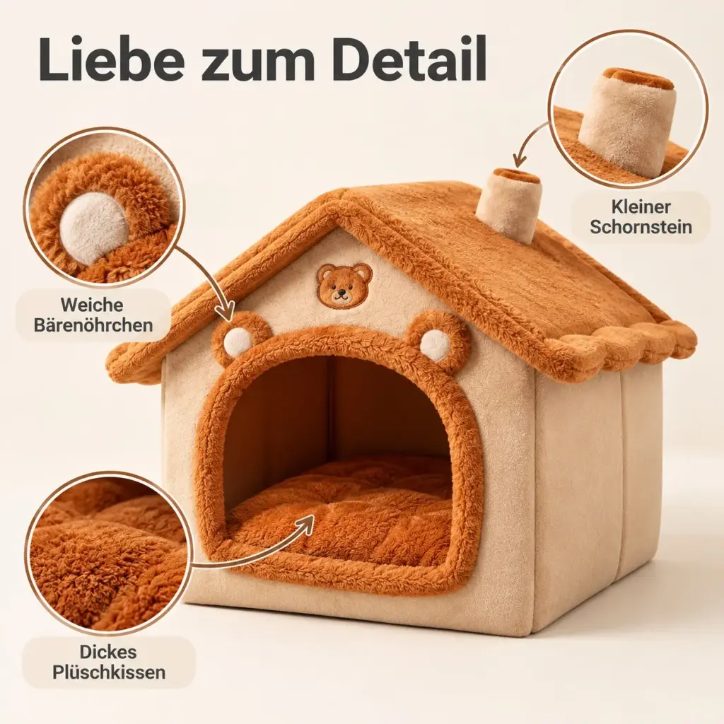 Details des Hundebetts: Schornstein, Bärenöhrchen, gesticktes Bärengesicht und Plüschkissen