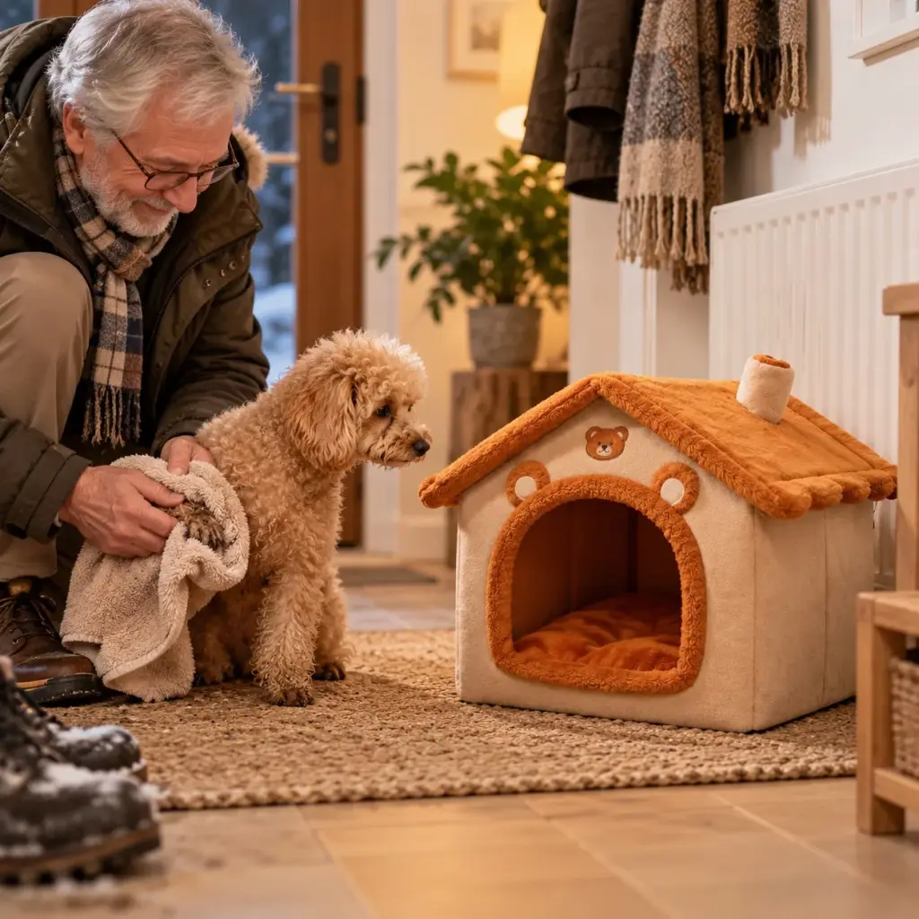 Pudel geht nach dem Spaziergang in sein Hundehaus