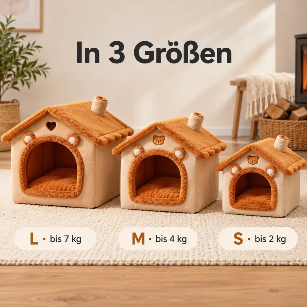Hundehaus in den Größen S, M und L nebeneinander