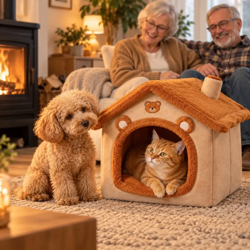 Rote Katze schaut aus dem Haus, daneben der kleine Hund