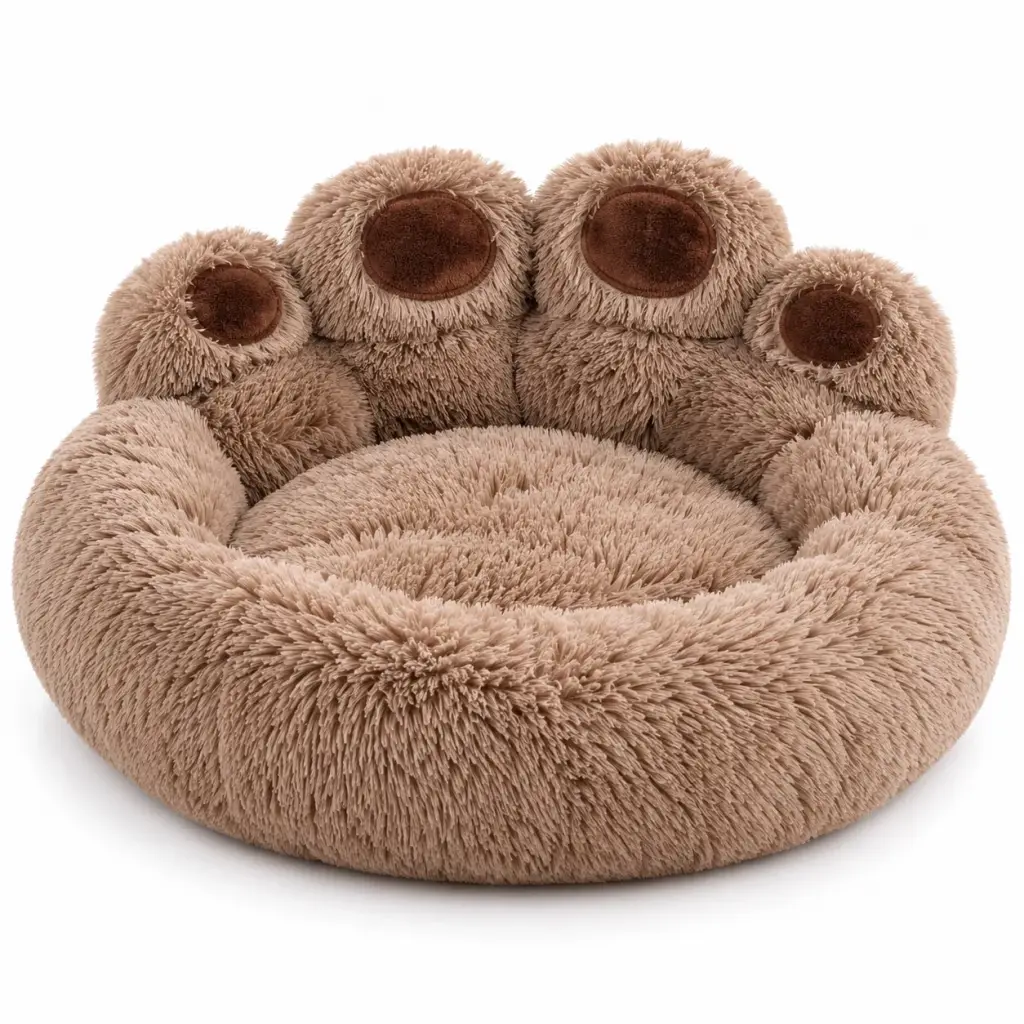 Rundes Hundebett in Pfotenform in Taupe, flauschiger Plüsch