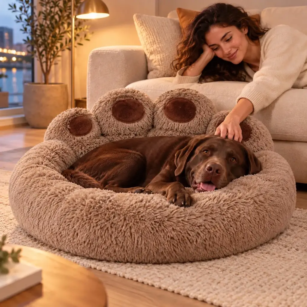 Kleiner Hund eingerollt in einem runden flauschigen Hundebett