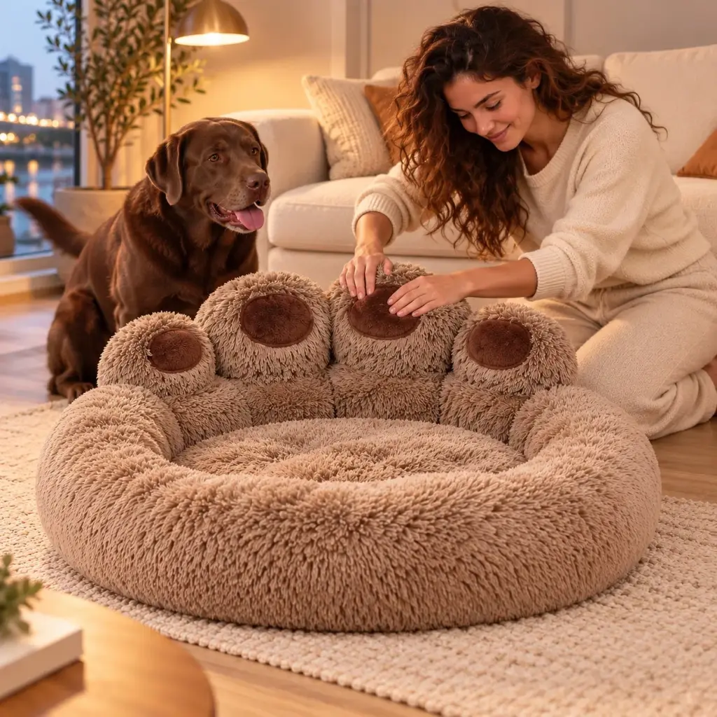 Schlafzimmer mit rundem Hundebett und Hundetreppe am Bett