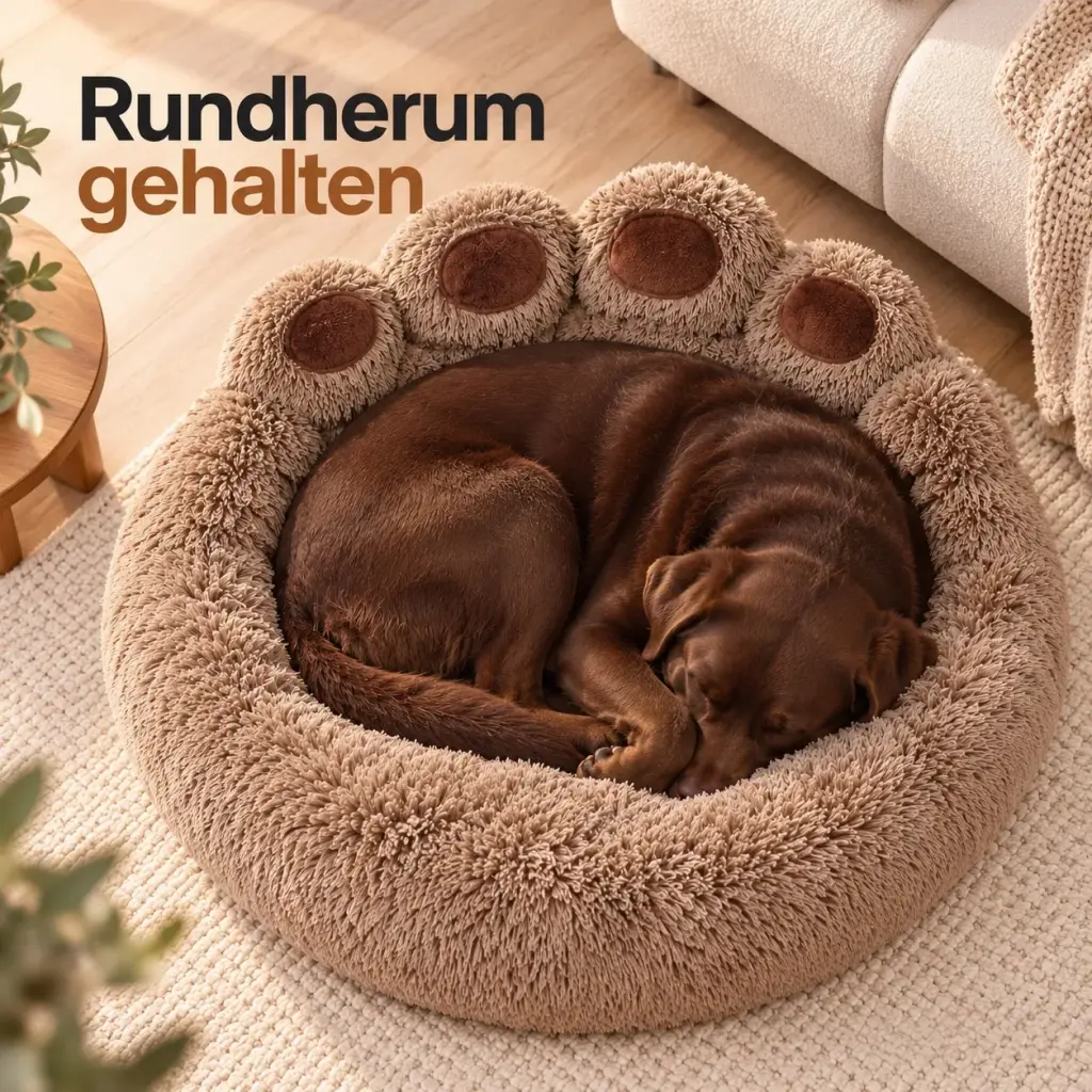 Hund eingerollt im runden Bett, Rücken an der Pfotenlehne
