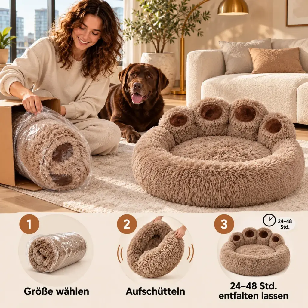 Komprimiert geliefertes Hundebett wird ausgepackt