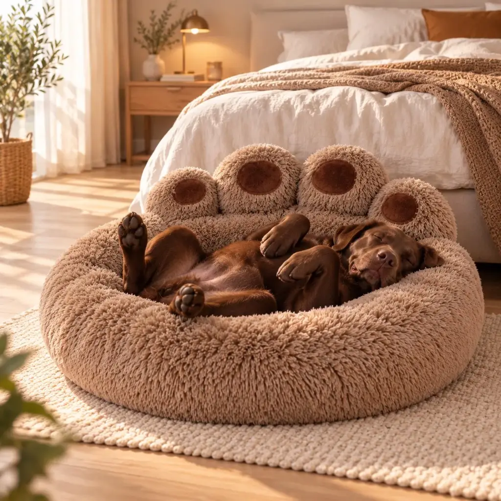 Hund schläft nachts im runden Hundebett im Schlafzimmer