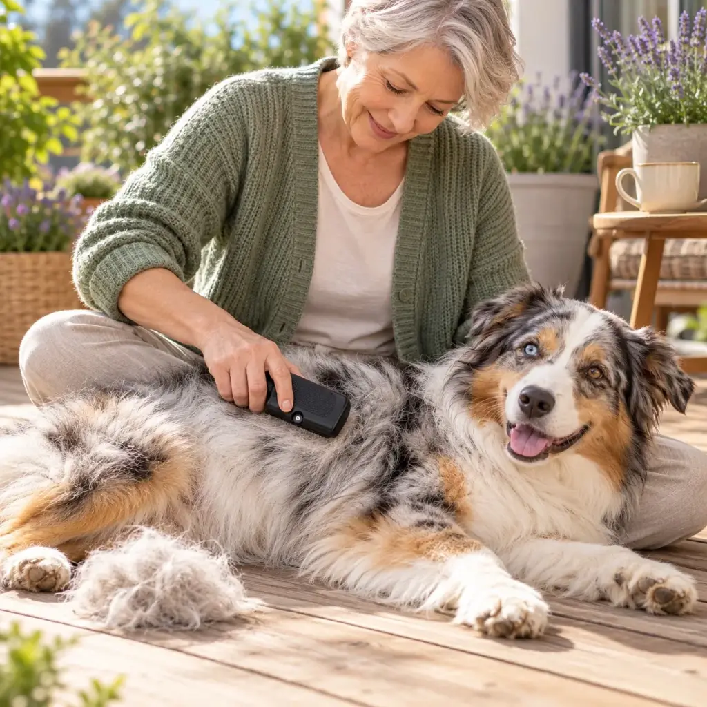 Frau bürstet ihre Australian-Shepherd-Hündin mit der Hundebürste auf der Holzterrasse