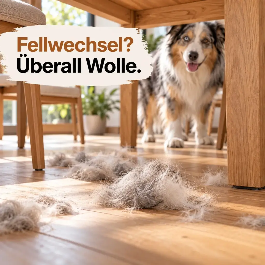 Haarflocken aus Unterwolle unter einem Esstisch auf Eichenparkett