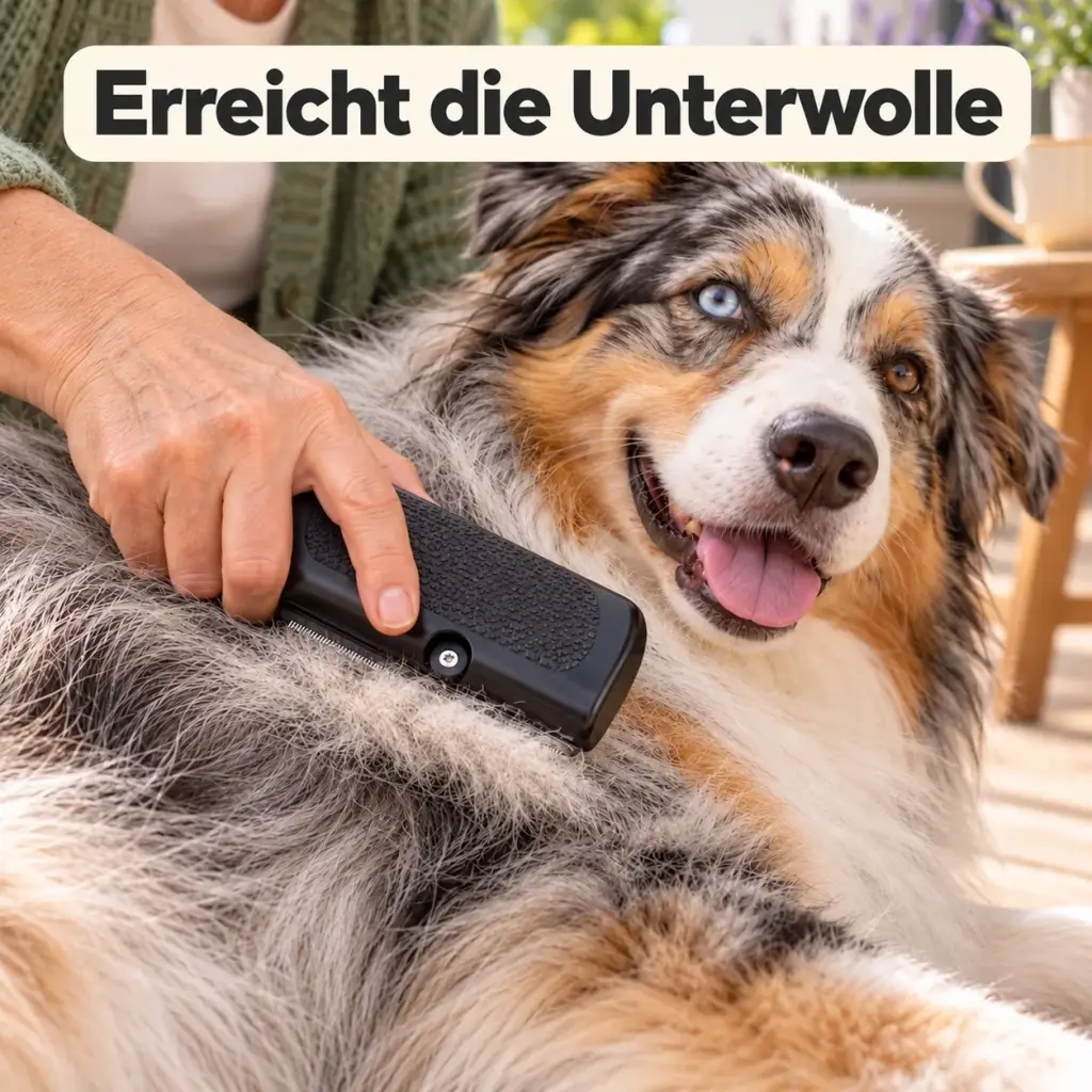 Hundebürste löst Unterwolle aus dem Fell eines Australian Shepherd