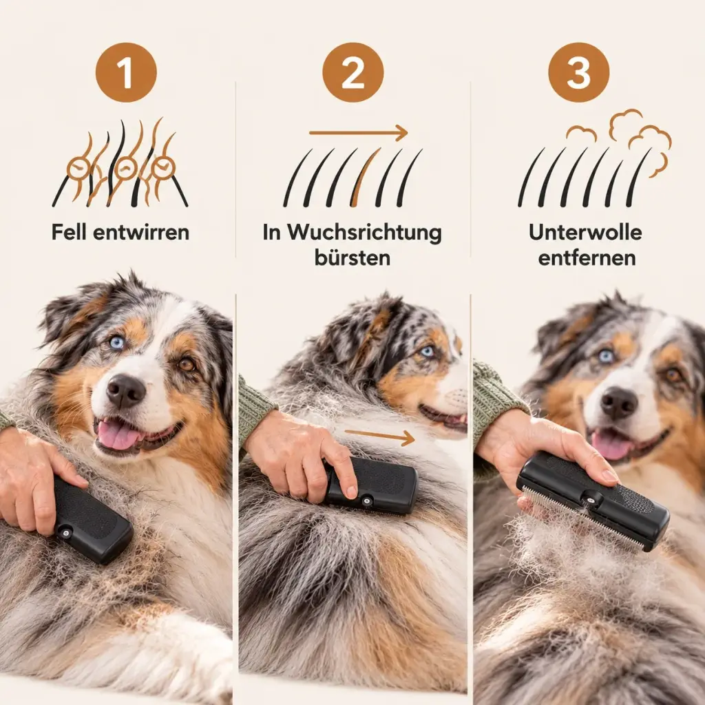 Anleitung in drei Schritten zum Bürsten der Unterwolle