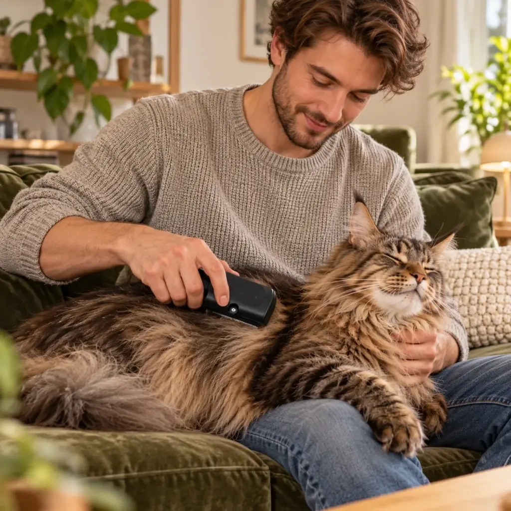 Junger Mann bürstet eine Maine-Coon-Katze mit der Unterfellbürste auf dem Sofa