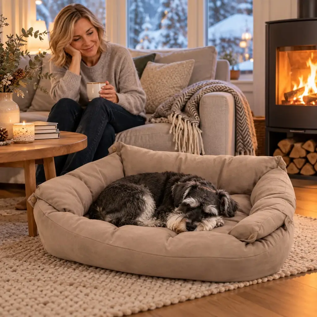 Zwergschnauzer kuschelt sich in die Hundecouch im Winter