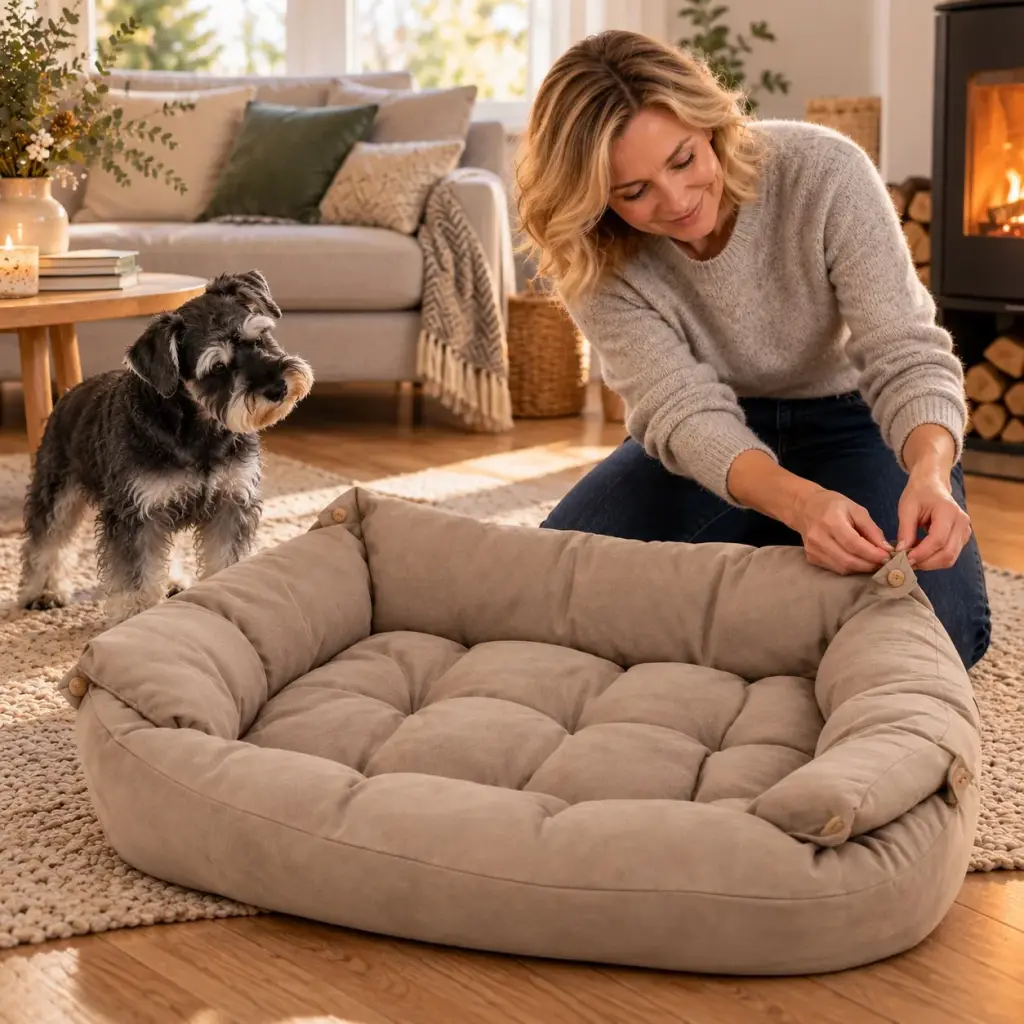 Frau knöpft die Seitenteile der Hundecouch hoch, ihr Hund schaut zu