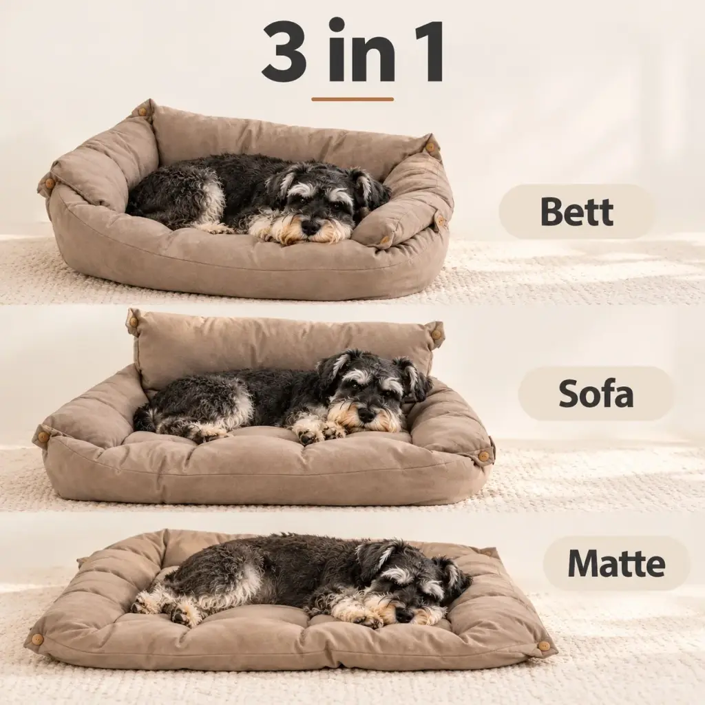 Hundecouch in drei Formen: Bett, Sofa und Matte