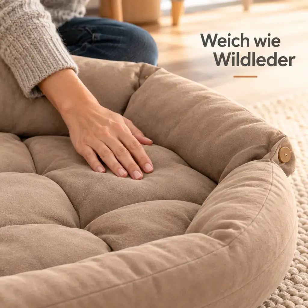 Wildlederoptik und gesteppte Polsterfelder der Hundecouch im Detail