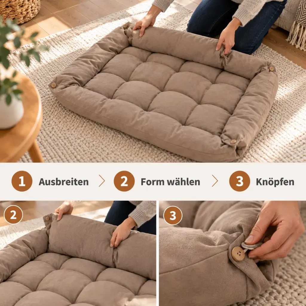 Hundecouch wird von der Matte zum Sofa geknöpft